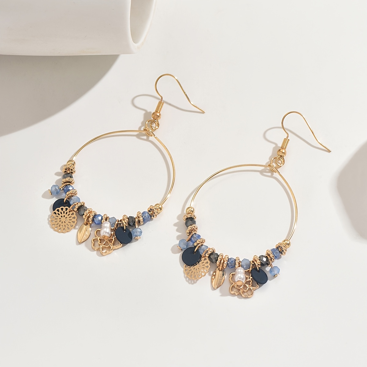 TEMU Boucles d'oreilles rétro bohèmes en verre de couleurs mélangées avec fleurs creuses