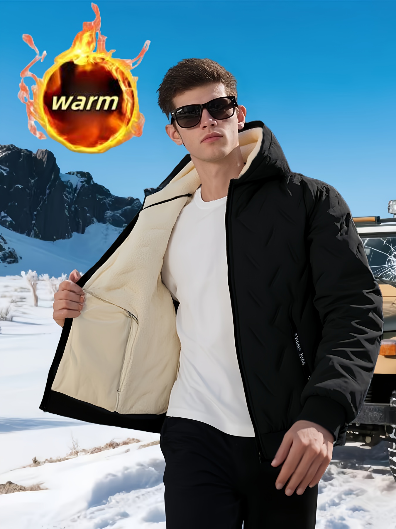 mens hooded fleece jacket thickened windproof comfortable casual   anti cold with lamb velvet lining and lining black 1