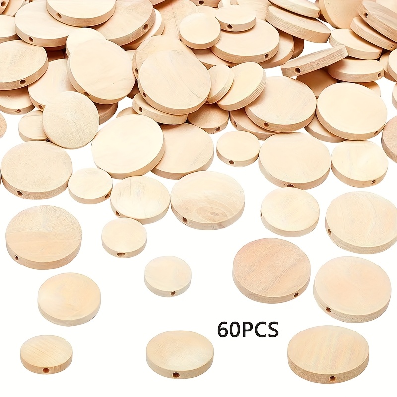 Image of 2d Flat - 60 Unfinished Flat Round Wooden Beads In 3 Different Sizes - 15/20/25 Mm. Natural Wooden Coin-shaped Beads For Making Jewelry, Crafts, And Home Decor