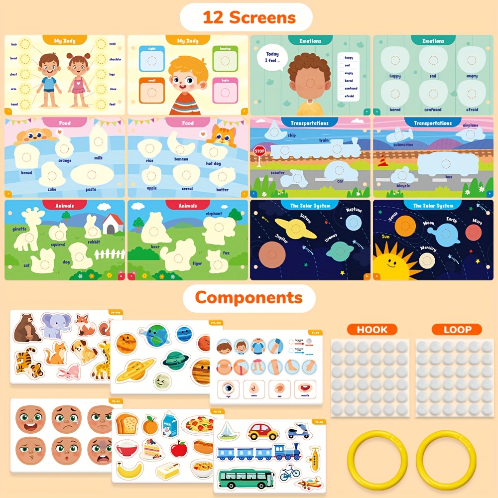 6 Themes Busy Book with, Cardboard, Educational Learning Toys for Cognitive and Thinking Abilities, Body, Animals, Food, Planet, Traffic, Emotion, Parent- Christmas gift, Family Game, Travel, Bedtime activities, Cognitive Development, Interactive Book, Colorful Pages, Highquality Print, Sturdy Binding, Educational Gift, Busy Board, Parents And Teachers, And