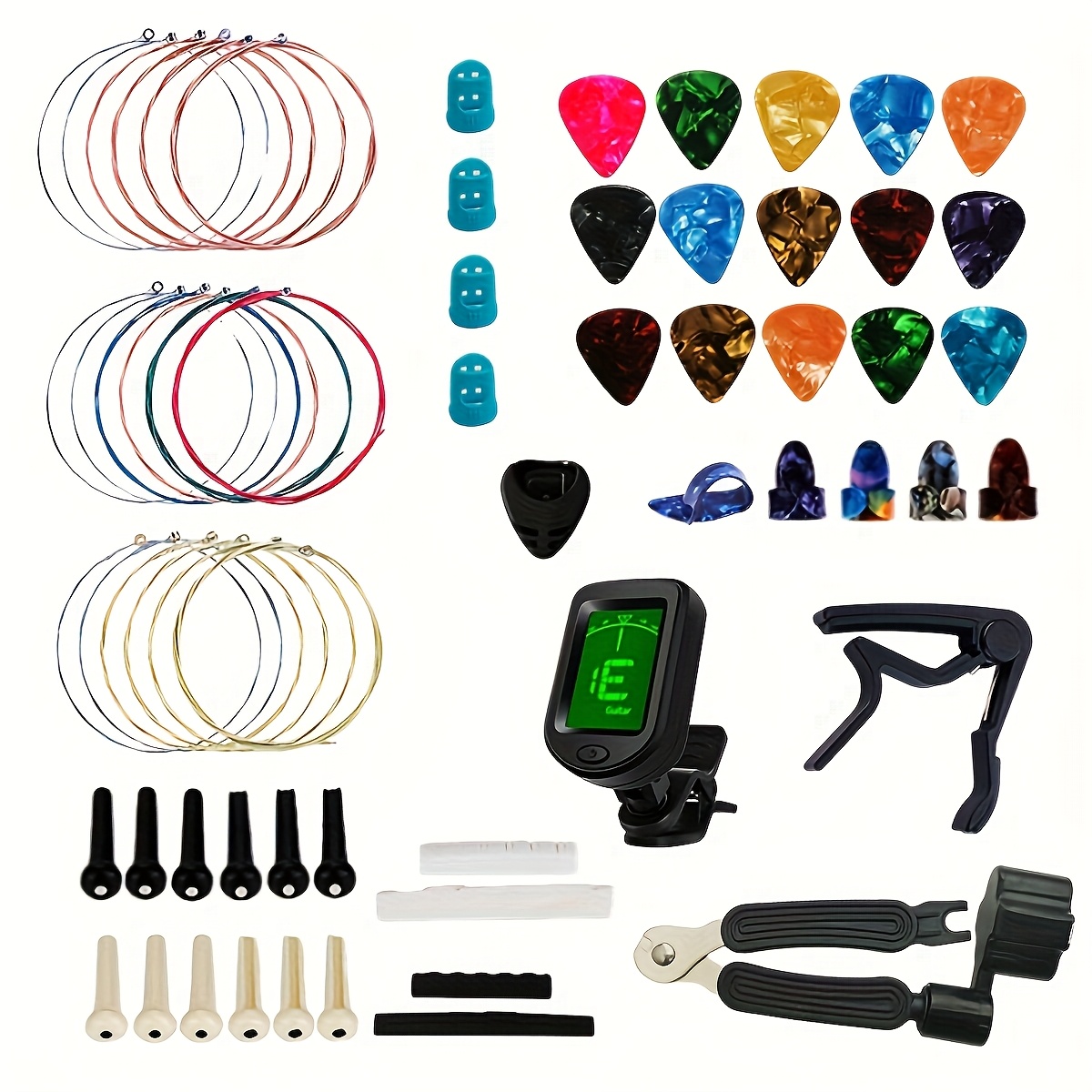 

Guitar Accessory Set, Including Abs Picks, Clips, Pins, String Winding Scissors, And A Microfiber Cloth - A Diverse Mixed Set.