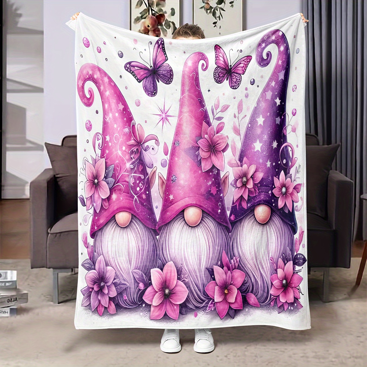 

1pc Flower Butterfly Gnome Print Blanket, Soft Warm Throw Blanket Nap Blanket For Couch Sofa Office Bed Camping Travel, Multi- Gift Blanket For