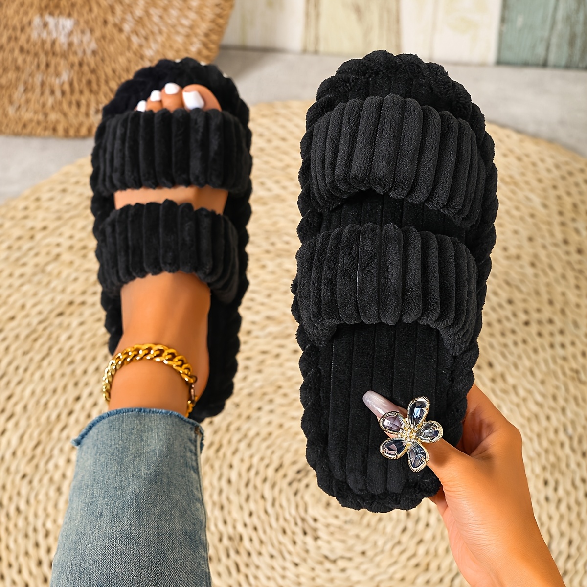 TEMU /winter 2026 Women's Plush Slippers, Corduroy Home Slippers, Non-slip Quiet Indoor Floor Shoes, Women Shoes