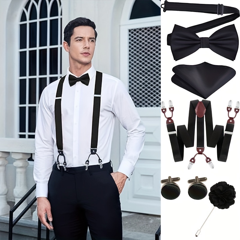 6pcs set black suspenders men bow tie suspender pocket - Temu