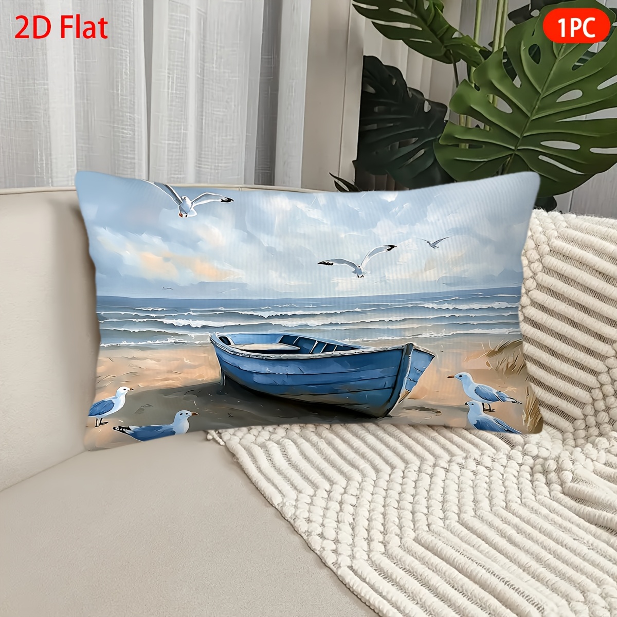 TEMU 1pc Nautical Seagull & Ship Throw Pillow Cover - Double-sided Plush Cushion Case Suitable For Sofa, Bed,, Coastal Decor, Zipper Closure, Machine