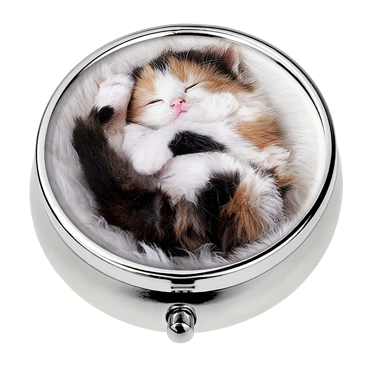 

1pc Kitty Cute Nap Cat Sleeping Kitten Round Pill Box, Household Portable Medicine Storage Box, 3-grid Sub-packaging Medicine Box For Outdoor Travel & Office Organizer, Unique Gift