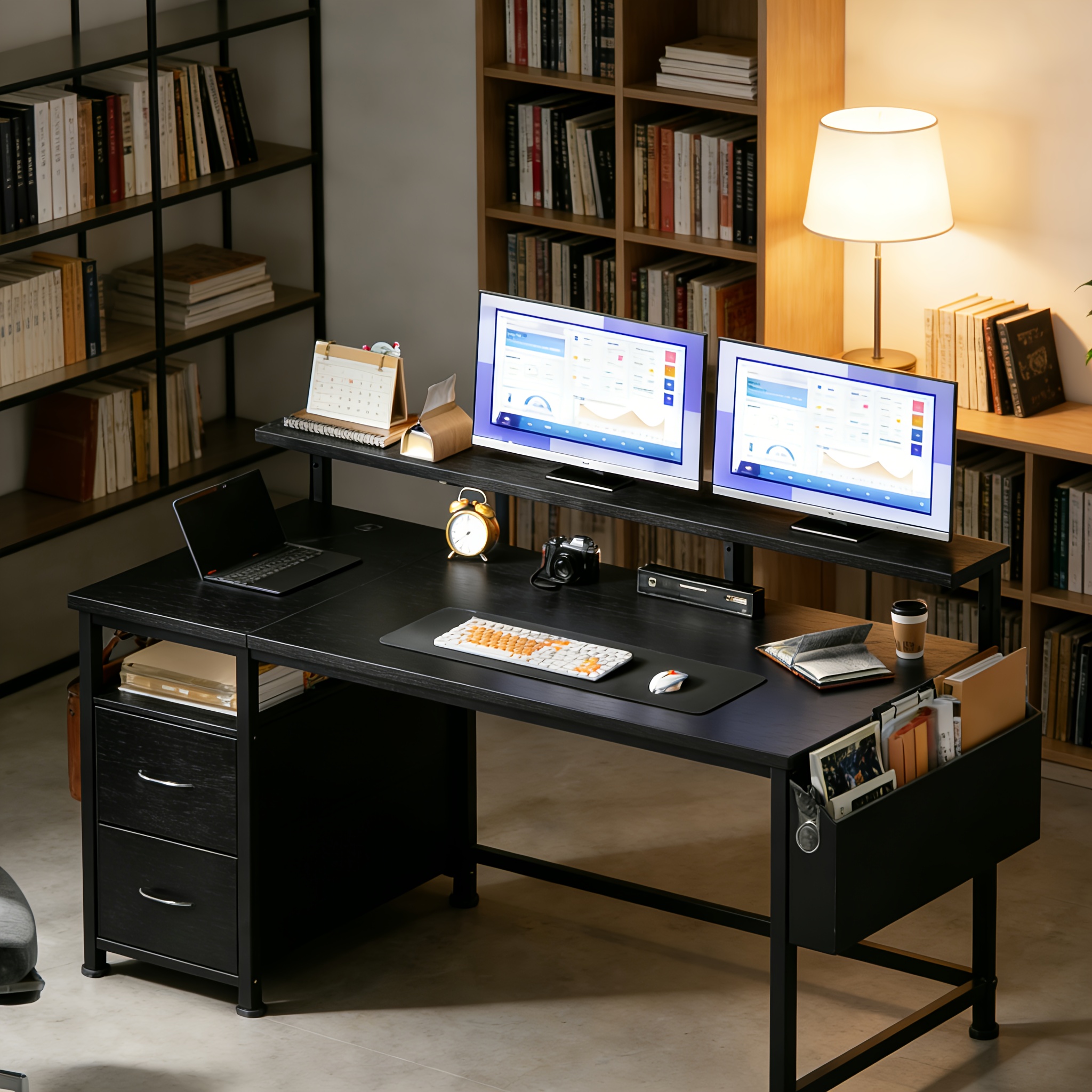 Image of Desk With 2 Drawers Provides Storage Space, Computer Desk, 100 X 48cm Desk With Monitor Stand, 2 Storage Hooks, Compact Dimensions, Fits Well In Students, Home Office Workers, White, Black