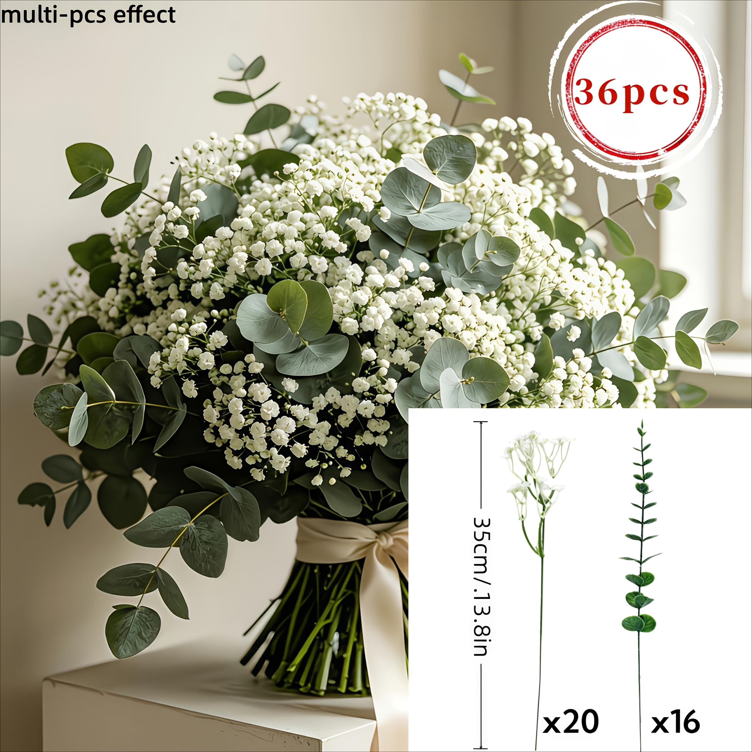 TEMU 36pcs Elegant 's Breath, Eucalyptus Leaves And , Romantic Artificial Bouquet - Non-fading Fake Greenery, Suitable For Garden, Porch, Window Box,