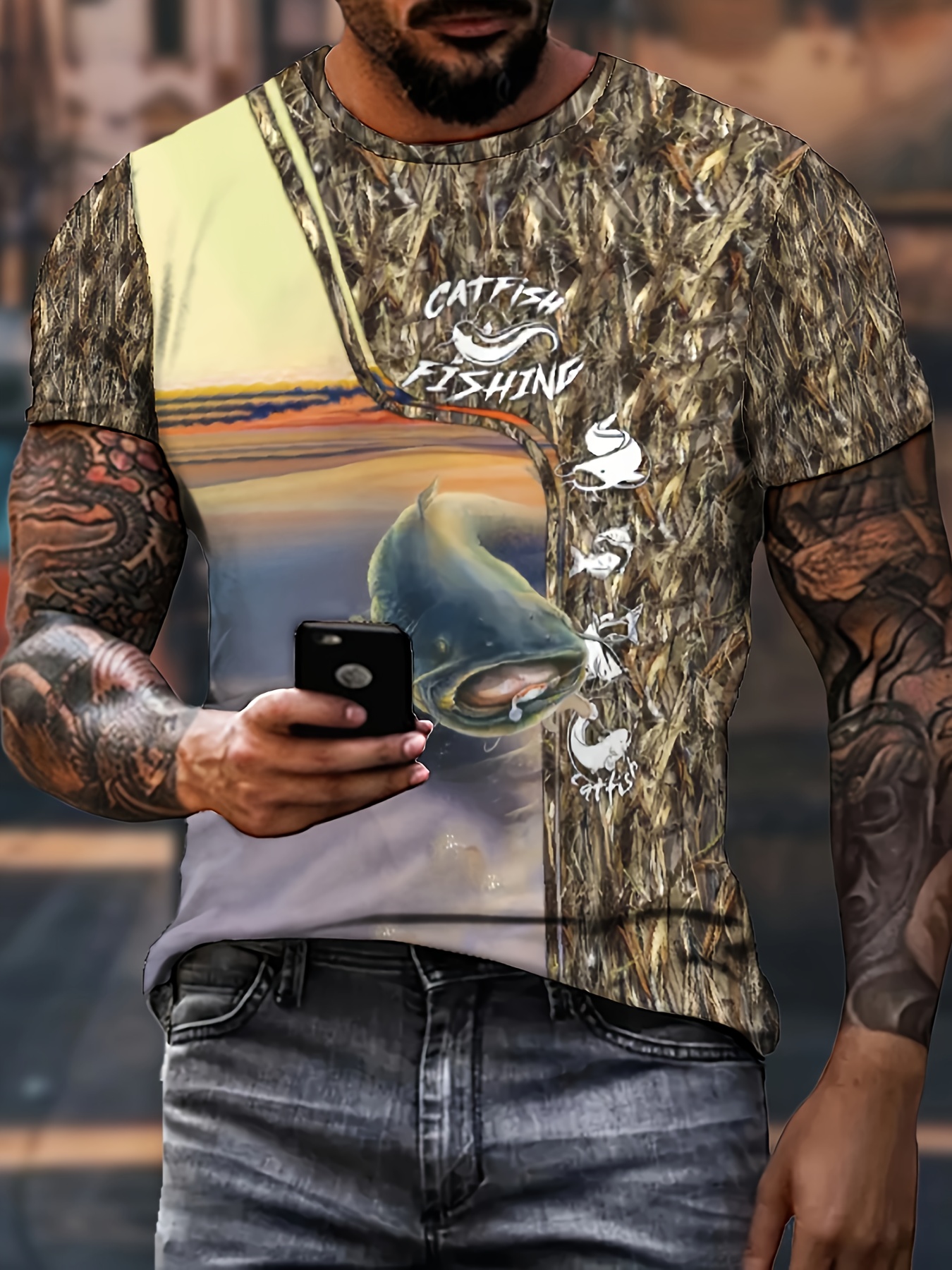 Catfish Fishing Pattern Print Men's Comfy Chic T-shirt, Graphic Tee Men's  Summer Outdoor Clothes, Men's Clothing, Tops For Men, Gift For Men