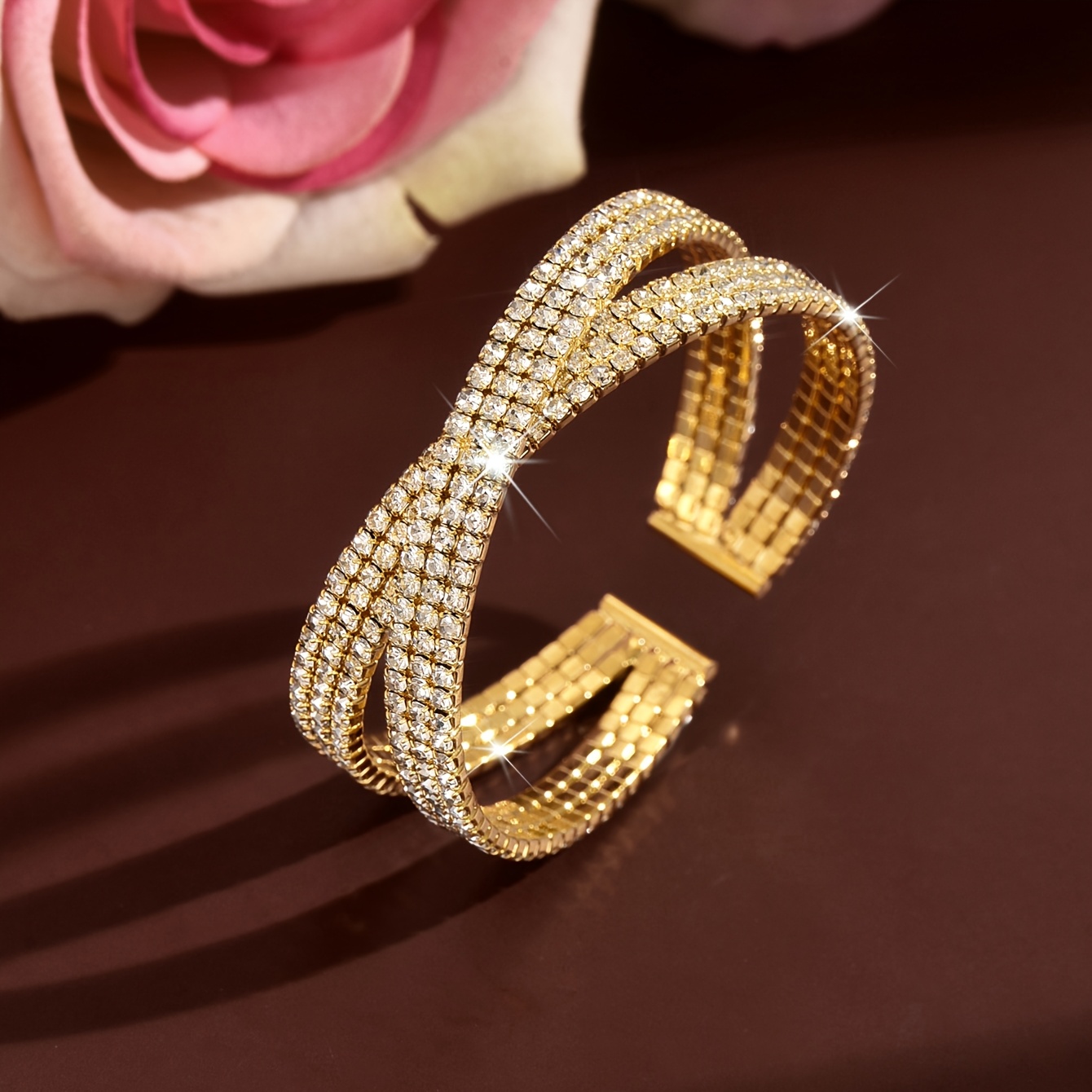 Women's Multi-Layer Crossed Rhinestone Bracelet and Ring Set