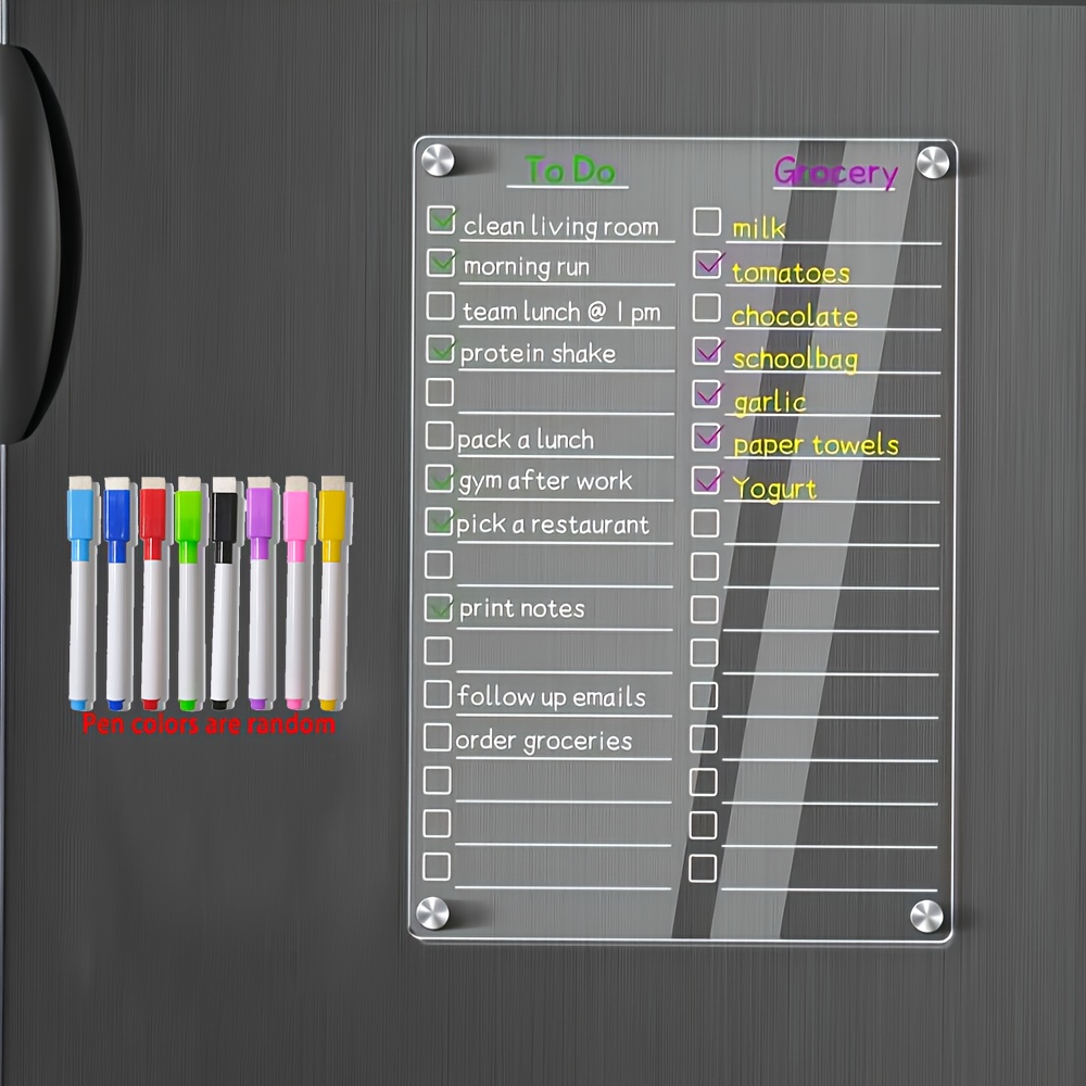 

Acrylic Refrigerator Plan Set - Transparent Dry Erase Board, With To-do List And Shopping List, 8 Markers, Eraser, Strong Magnet - Essentials