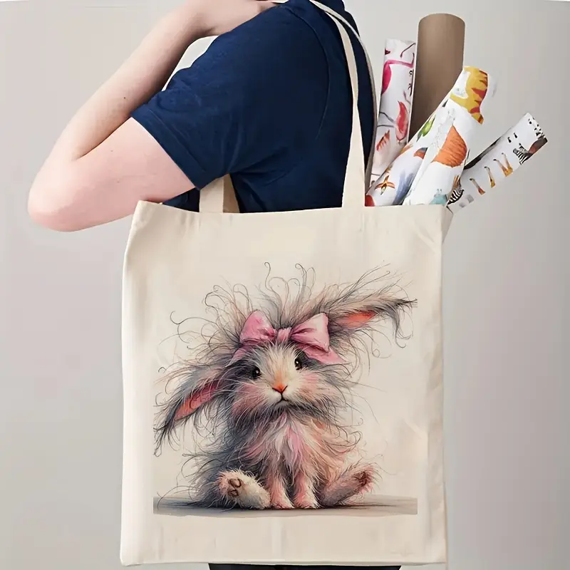 Cute Rabbit Pattern Tote Bag - Double Sided Canvas Shopping Bag, Reusable Grocery Tote