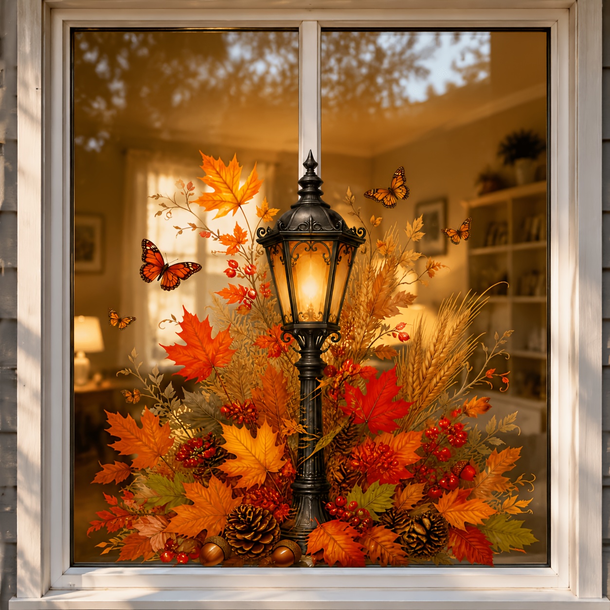 1pc Vintage Street Lamp Harvest Window Cling, Maple Leaf Wheat Spike Fall Glass Window Decal