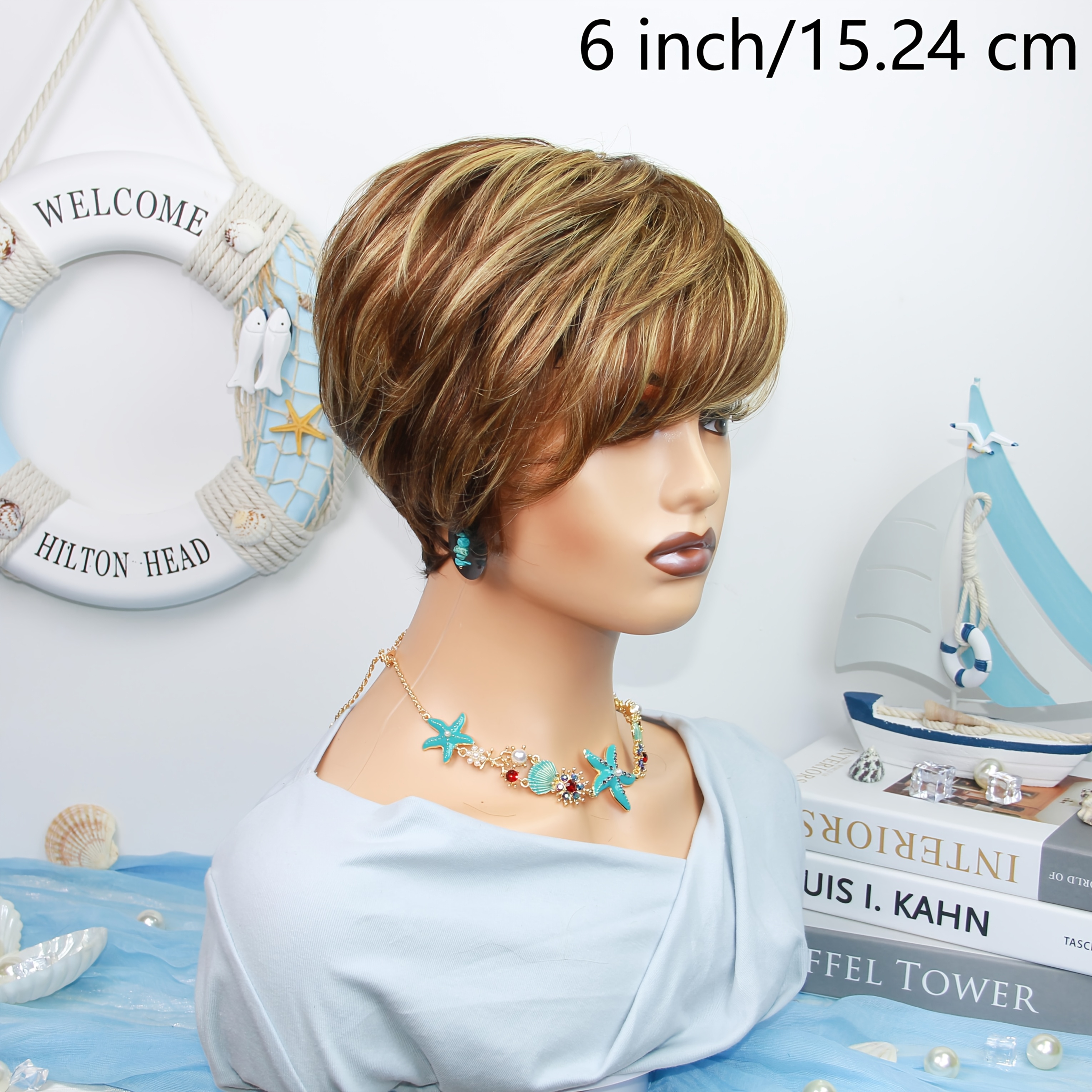 TEMU Women's Short Straight Human Hair Wig With Bangs And Blonde Highlights Suitable For , /blonde P4/27 Color, 180% Density Non-lace Wig For Daily