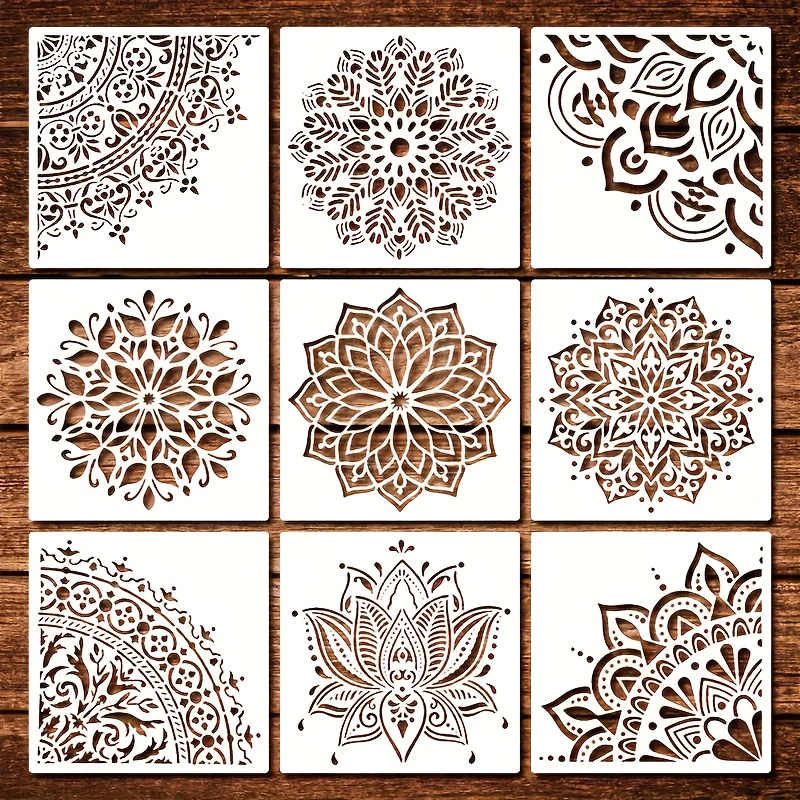 Image of 9pcs Mandala Template Set, Diy Handmade Painting Use, Reusable Flower Plastic Template, Suitable For Wooden Canvas, Wall Tile Furniture, And Home Decoration, Durable Hollow Patterns