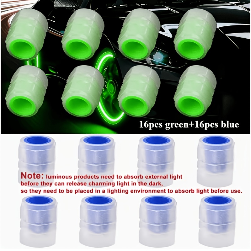 TEMU 16 bouchons de valve de pneu et 16 bouchons de valve de pneu verts phosphorescents, couvercles de valve de pneu fluorescents, matériau durable,