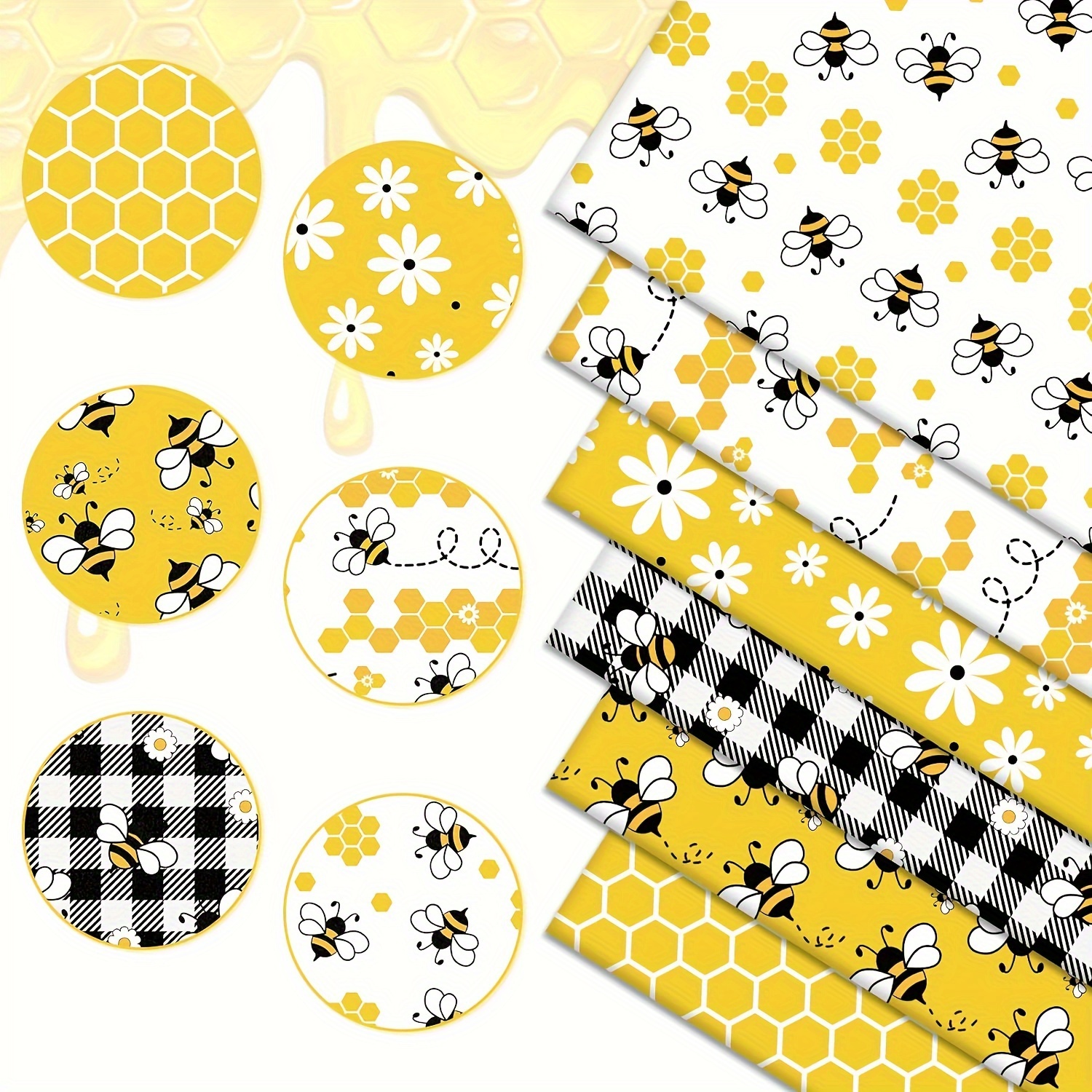 

6-piece Polyester Fabric Bundle 19.7x17.7" - Thick, Pre-cut Quilting Squares With Bee & Daisy Designs For Diy Crafts And Decorations