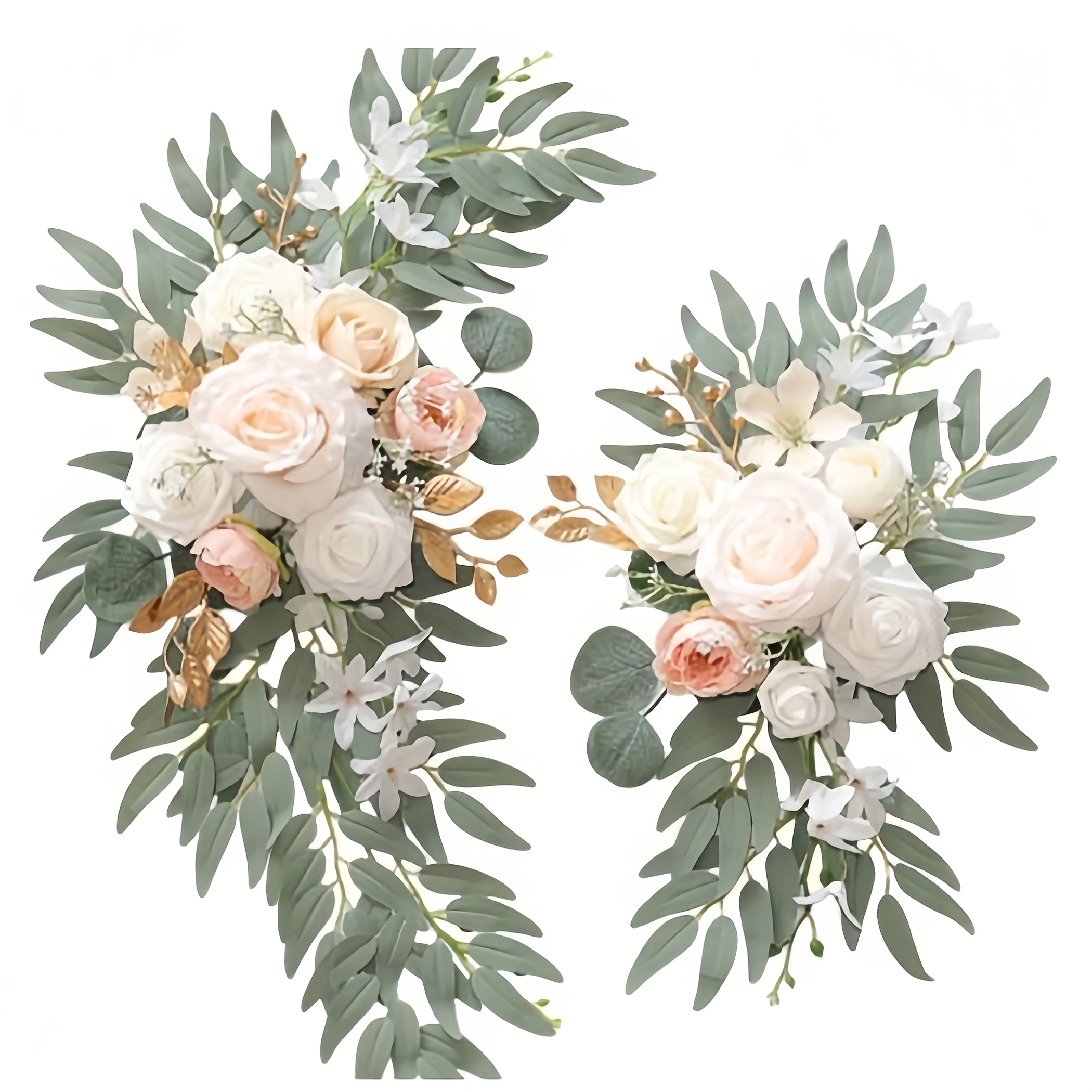 TEMU 2pcs Wedding Arch Artificial Flower Set, Champagne White Roses And Eucalyptus Leaves Floral Hanging Decor, Wedding Backdrop Lintel Decoration