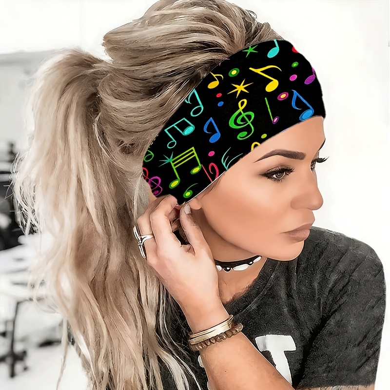 TEMU 2d Flat Colorful Musical Note And Star Pattern Headband, Yoga / Gym / Running / Cycling, Travel / Outing / Beach, Non-slip / Knotted Design /