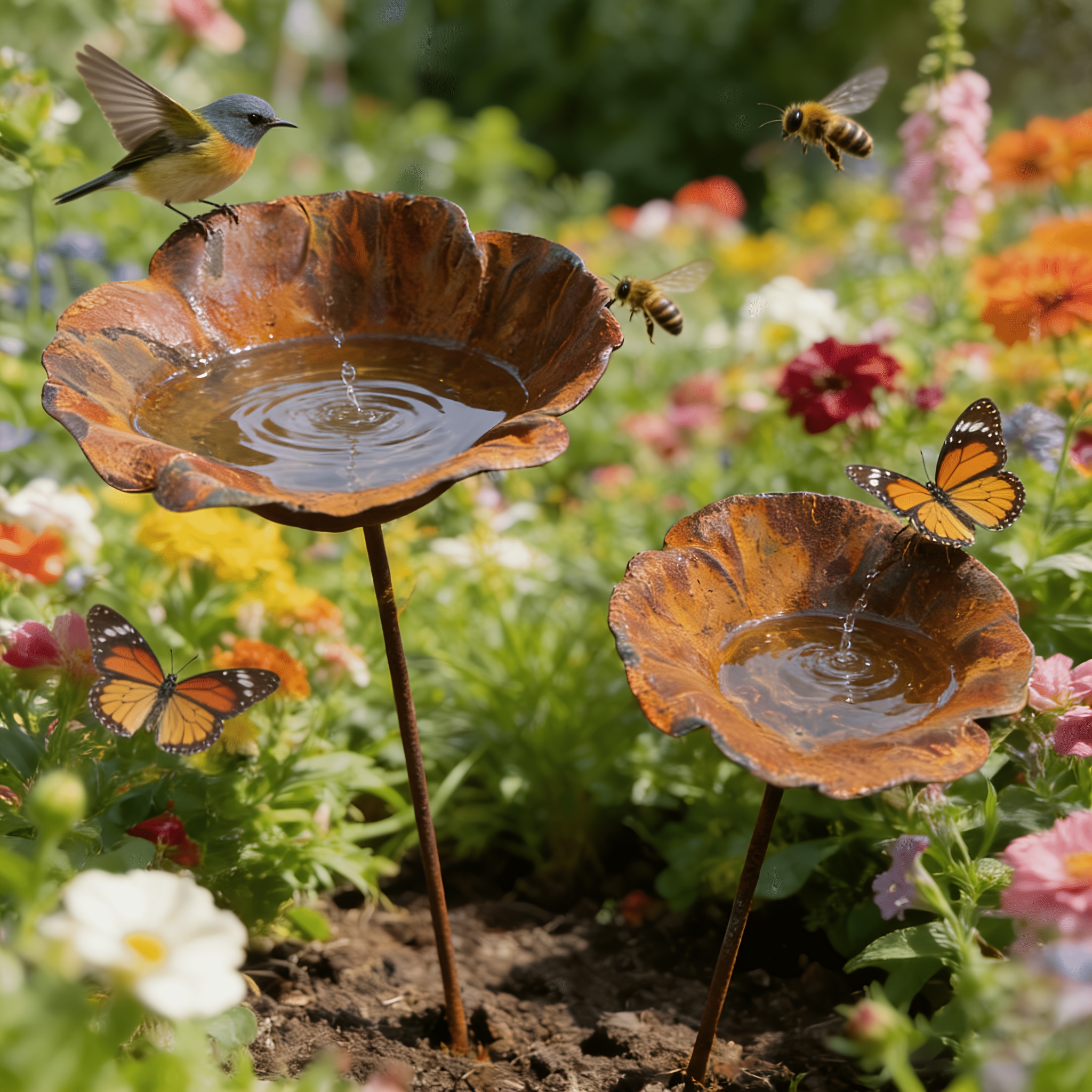 E-shop 2 rustikale Blumenständer aus Metall für den Garten, dekorative Vogeltränke für den Außenbereich, Vintage-Rost-Aging-Hofkunst, Garten Rasen
