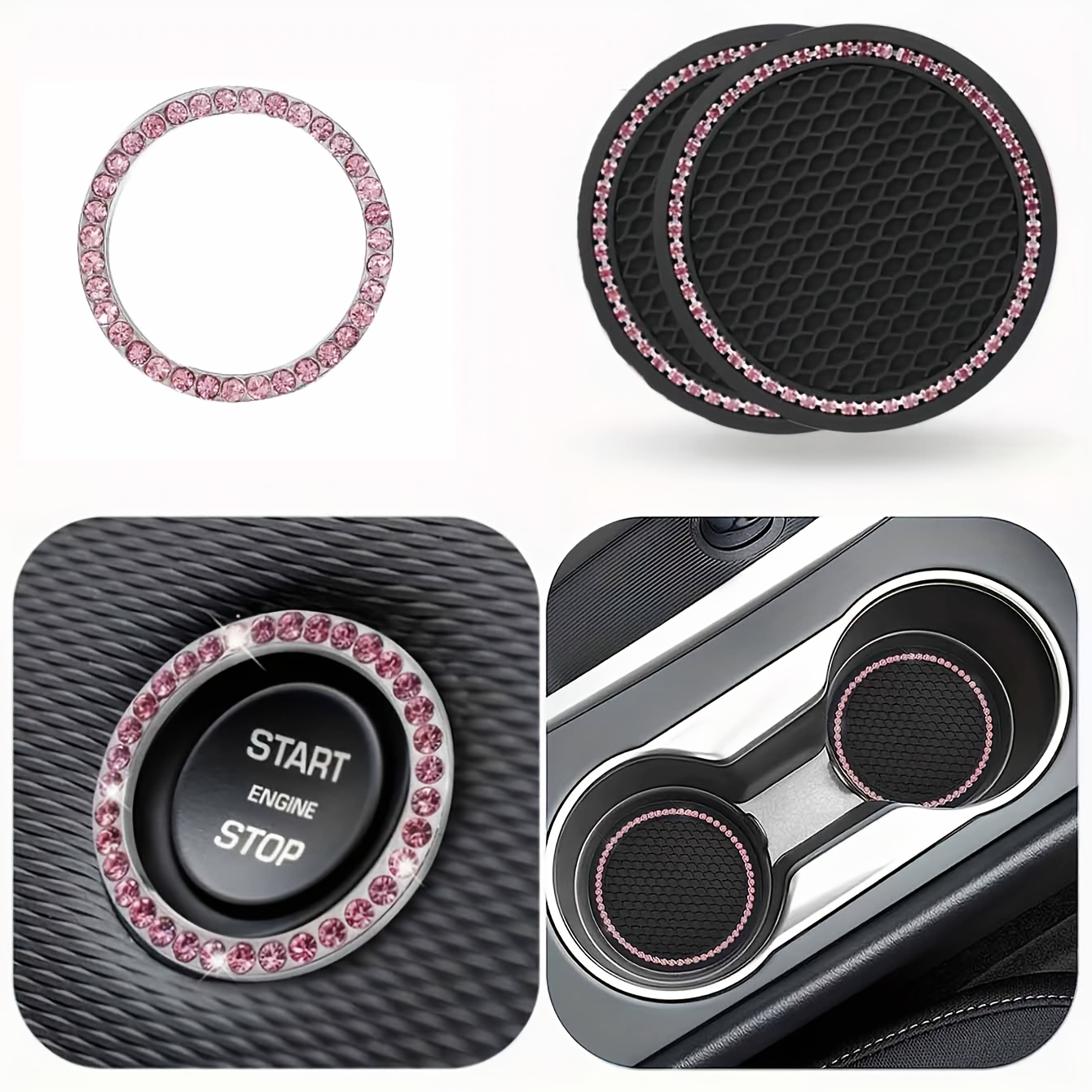 TEMU 3-delige Set Bling Auto Beker Mat/ Diamant-Bezaaide Auto Beker Mat/ Zachte Rubber Isolerende Beker Mat met / Universele Auto Interieur
