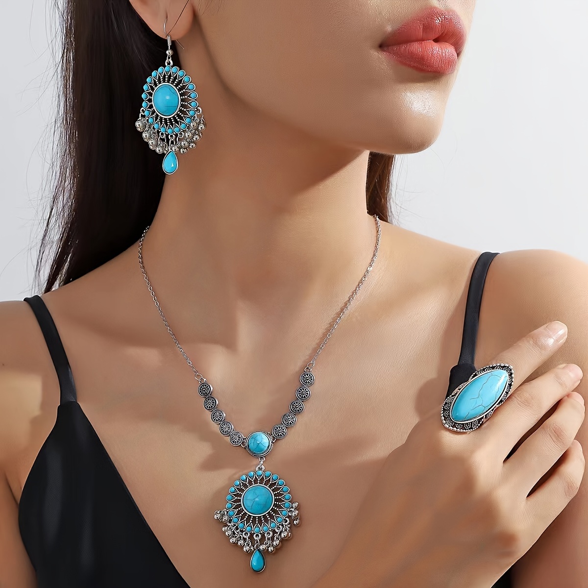  ethnic turquoise bohemian jewelry 3 piece set 1 pair of earrings 1 necklace 1 ring alloy a stylish feminine gift for her details 2