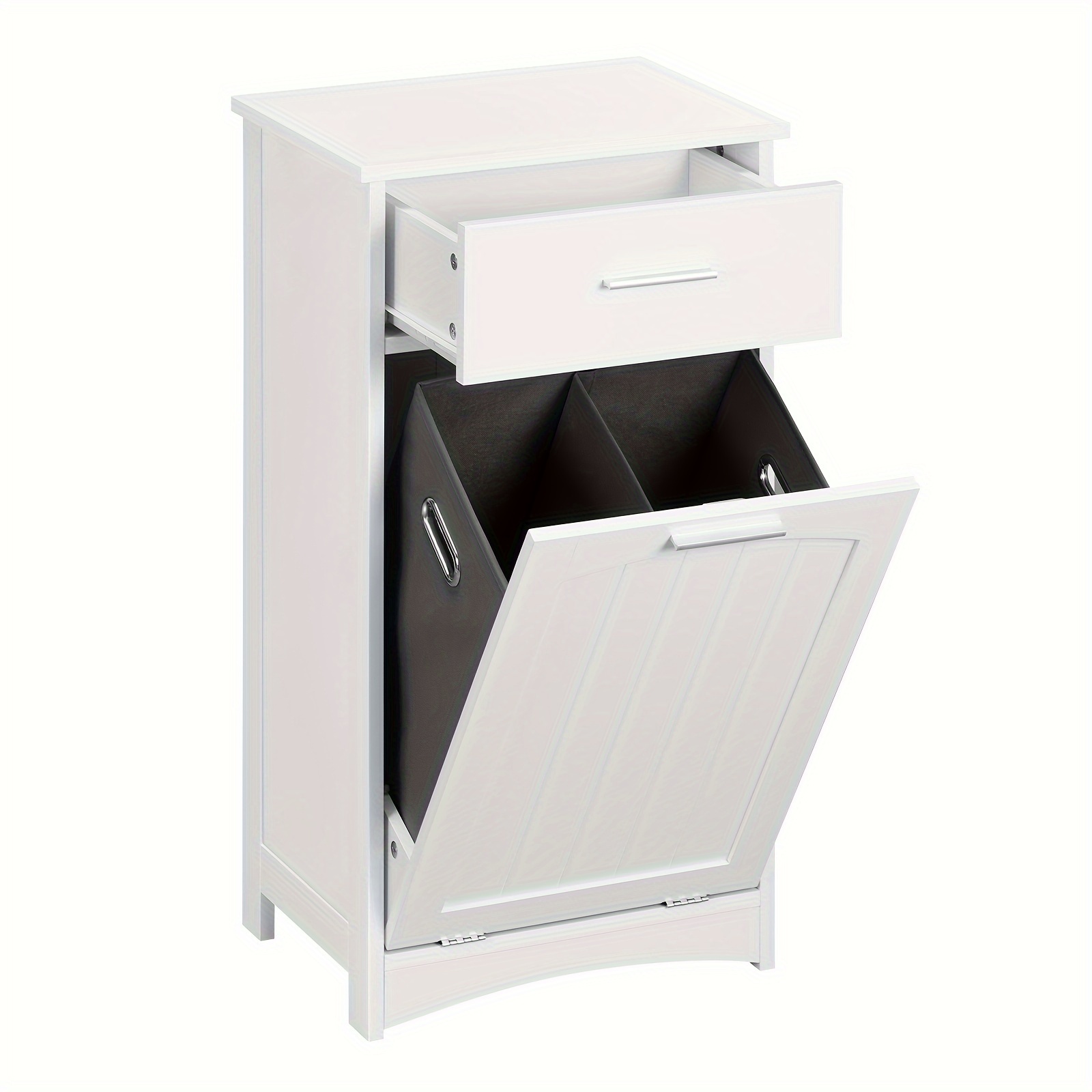 Image of 1pc Bathroom Cabinet With Folding Laundry Basket, Laundry Cabinet With 2 Compartments Laundry Collector, Bathroom Cabinet With Drawers, Narrow, White, 42x82x30cm