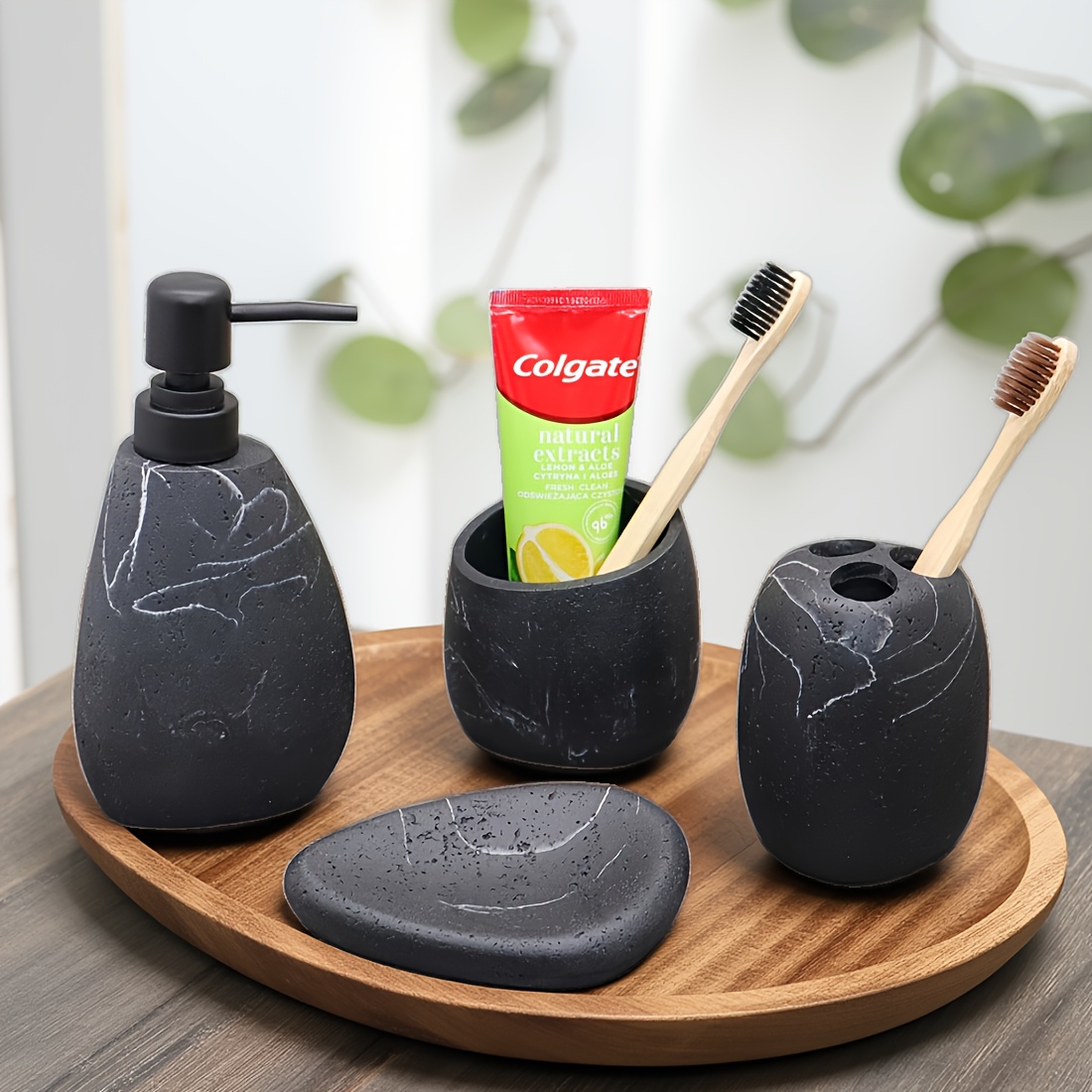 A 4pcs Bathroom Toiletries Set, Including a Mouthwash Cup, a Soap Dispenser, a Toothbrush Holder, And a Soap Dish, Available in Matte Black, White, Or Light Brown Bathroom Furniture Sets, Along with Decorative Accessory Sets