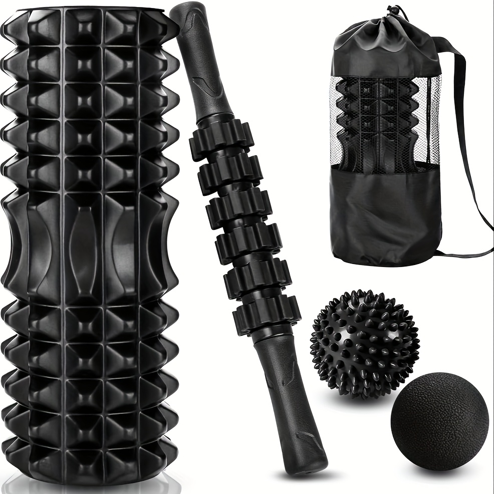 TEMU 4in 1 Black Foam Roller & Massage Stick Set Deep Tissue Foam Roller Kit With 2 Massage Balls And A Massage Roller Stick For Fitness, Yoga,