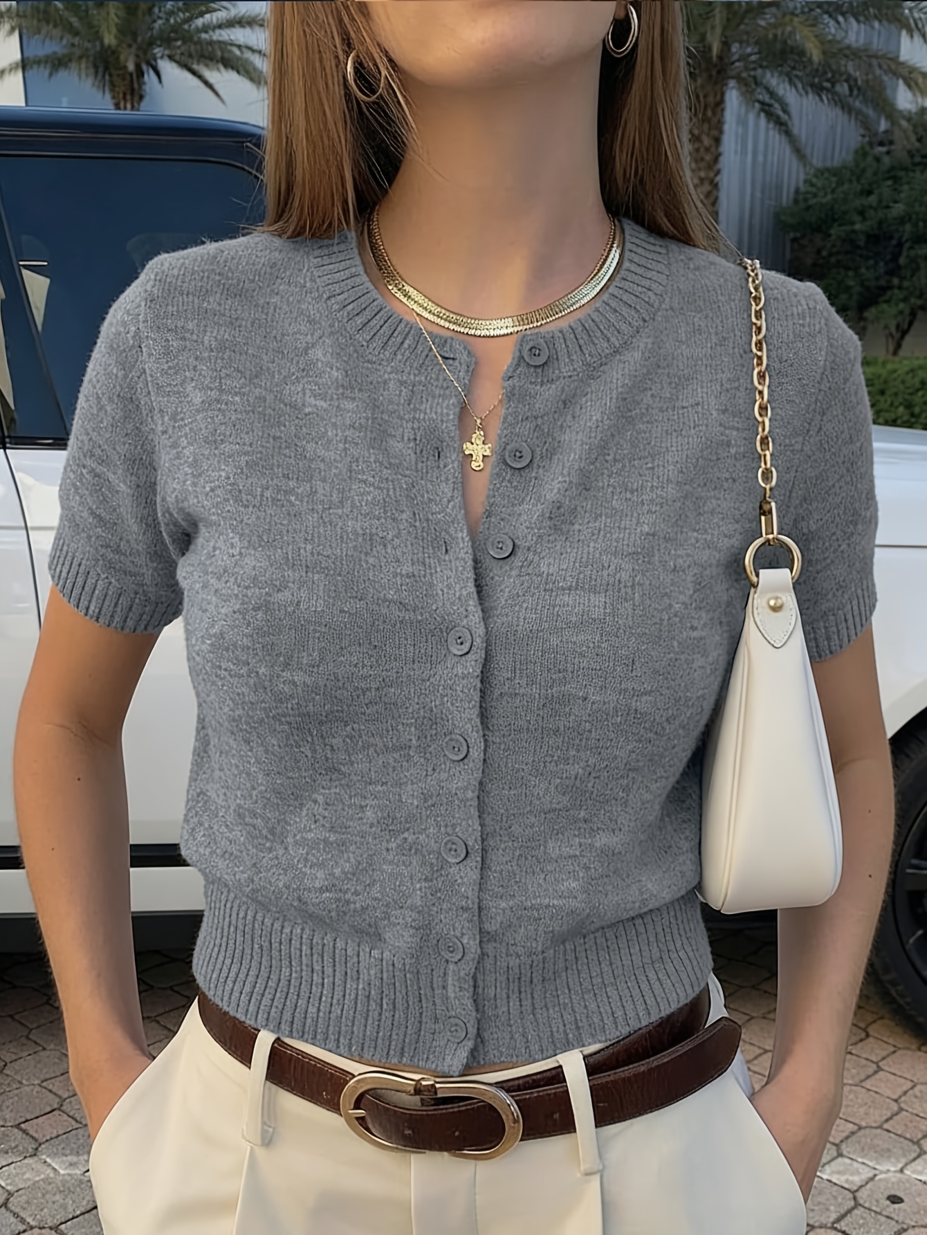 Women'S Solid Fit Short Single Button Short Sleeve Cardigan Spring Summer 2026 New Home Office All-Match Round Neck Solid Top Casual Short Sleeve Sweater Jacket Shirt