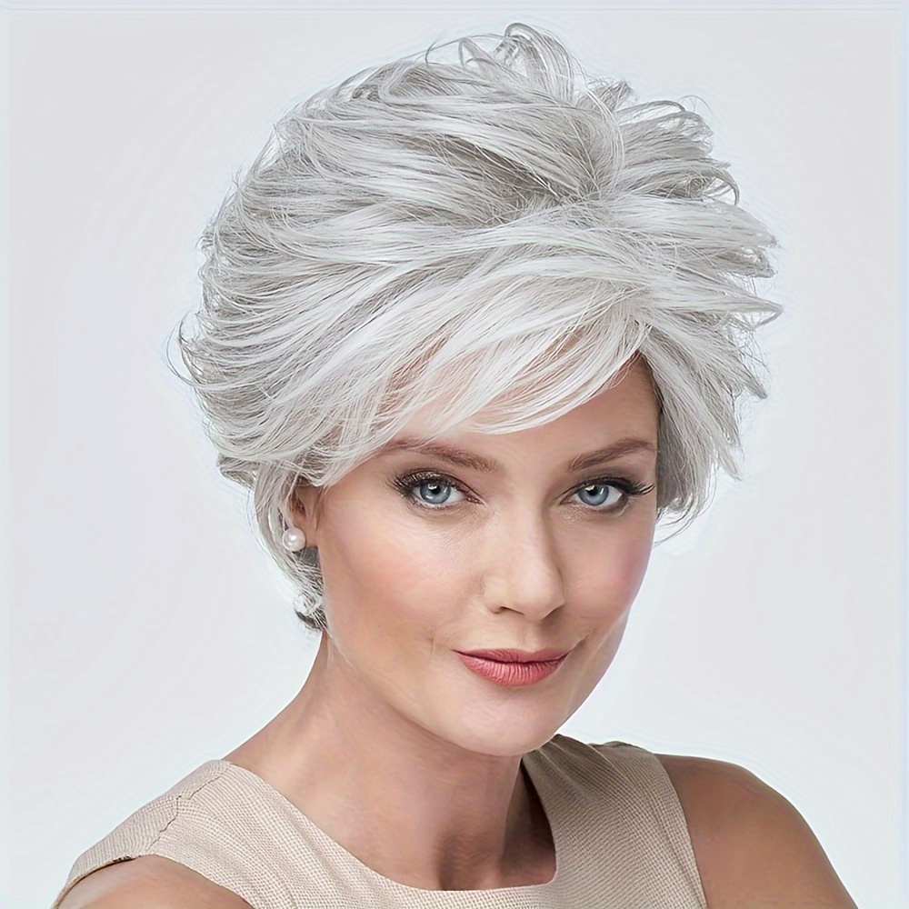

Elegant Curly Wave Short Wig For Women - High Temperature Fiber, Chic Grey Mix Color, Comfortable Rose Net Cap, Versatile Synthetic Hairpiece For Daily Wear