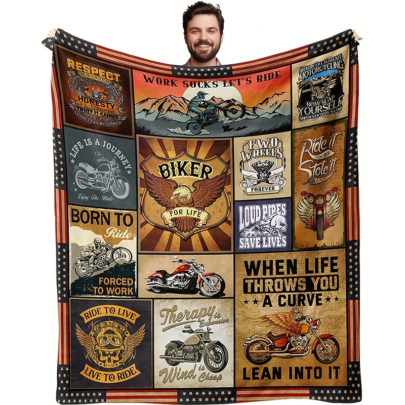 

Biker Enthusiast Flannel Throw Blanket - All Seasons Soft Style Digital Print Polyester Bedding With Motorcycle & Inspirational Messages - Knitted, Lightweight And Cozy, 200-250gsm Fabric Weight