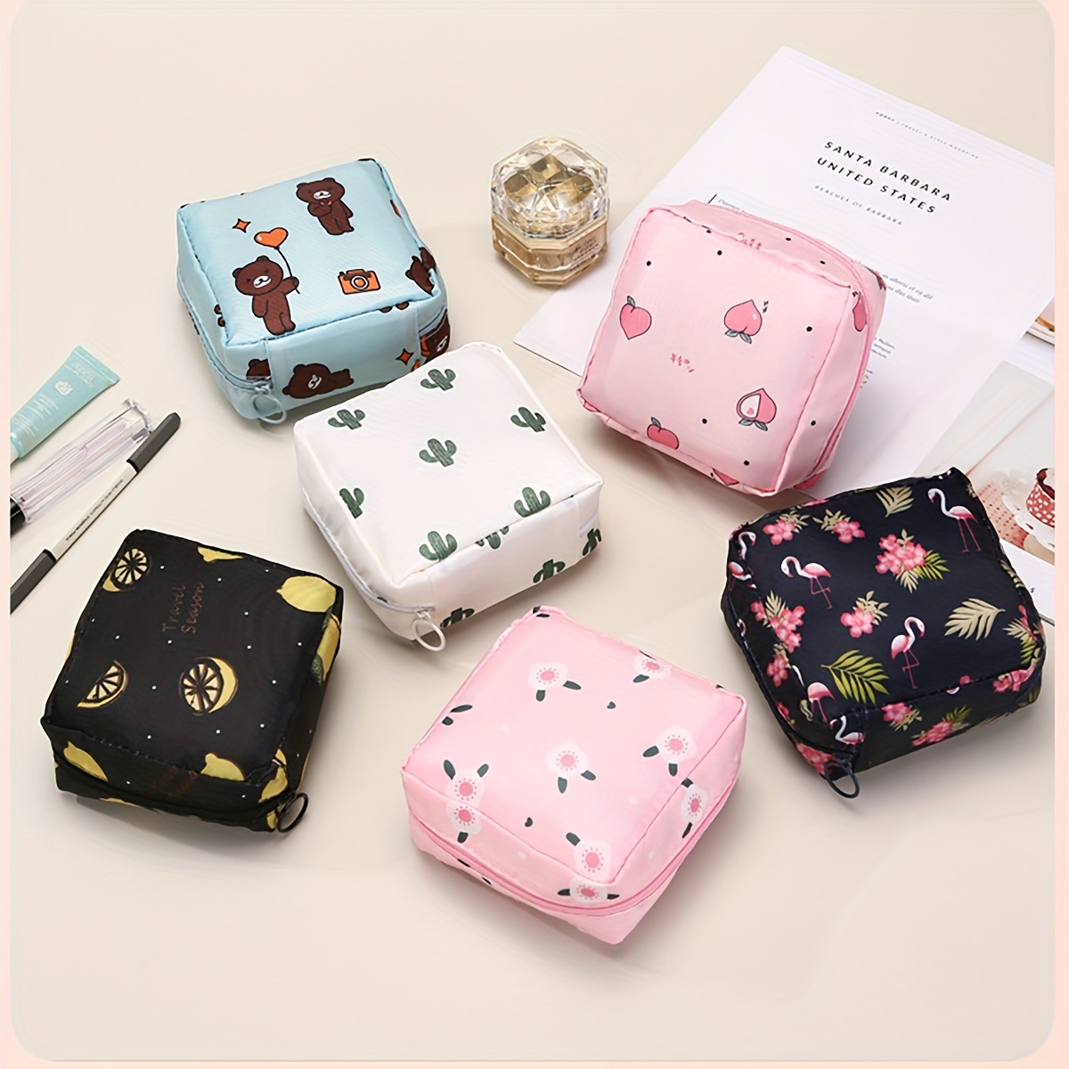 

1 Pc Cartoon Pattern Square Zipper Sanitary Napkin Bag, Lightweight Clutch Coin Purse, Women's Travel Pouch