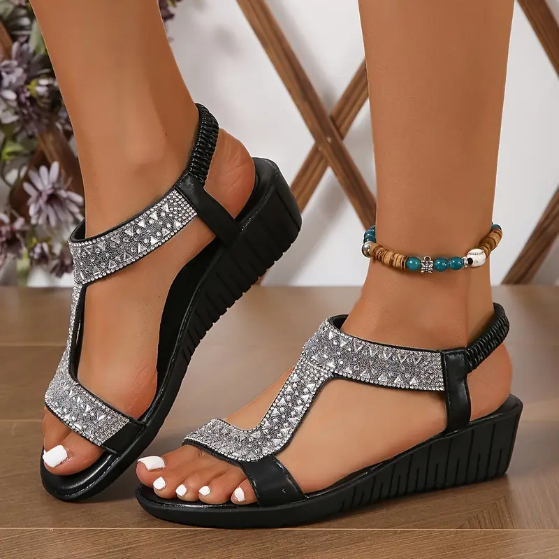 1 pair womens bohemian wedge sandals comfortable slip on open toe shoes with heel solid color pu upper fabric inner tpr made insole details 5
