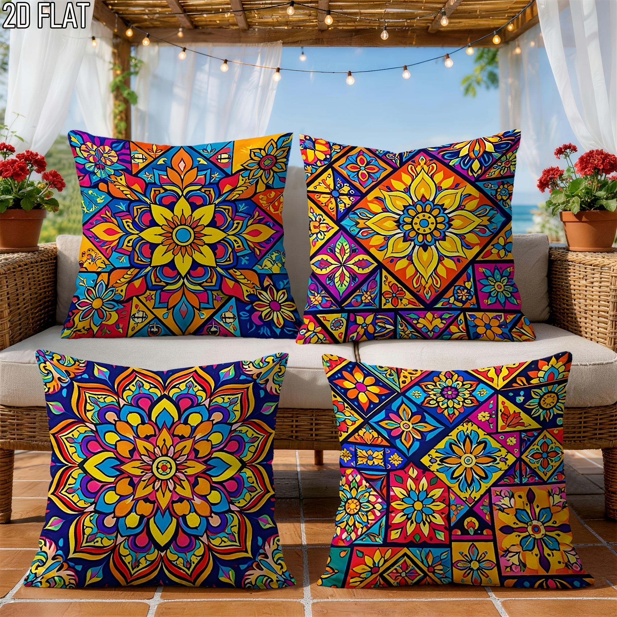 TEMU 2d Flat - 4pcs Boho Floral Geometric Pillow Cover Set Polyester Double-sided 2d Flat Printed Cushion Cover Vibrant Multicolor Decor Pillowcase