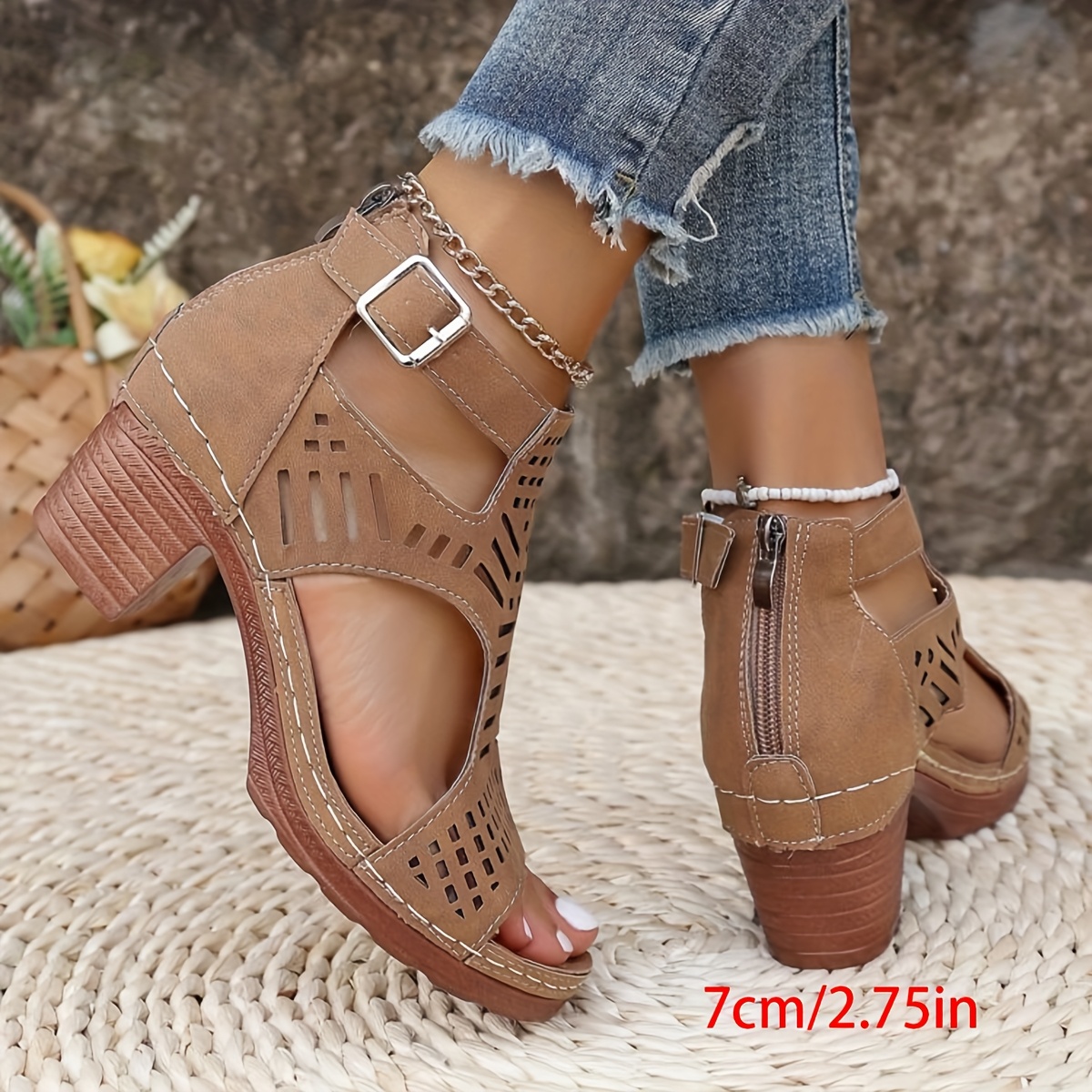 Women'S Fashionable High-Heel Sandals with Buckle Closure - Comfortable Open-Toe, Synthetic, Rubber Sole, Stylish Brown Sandals for Casual and Formal Wear, Casual Footwear | Stylish High Heel | Durable Footwear