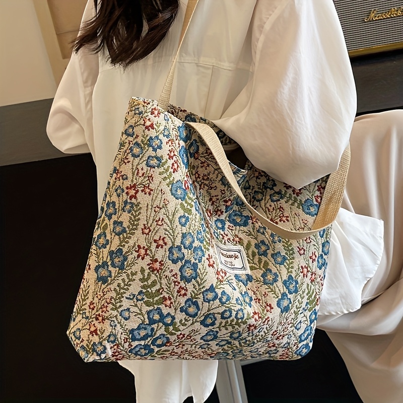Image of Fashion Floral Pattern Tote Bag - Spacious And Durable With Zipper Closure, Ideal For Shopping And School - Pink/blue