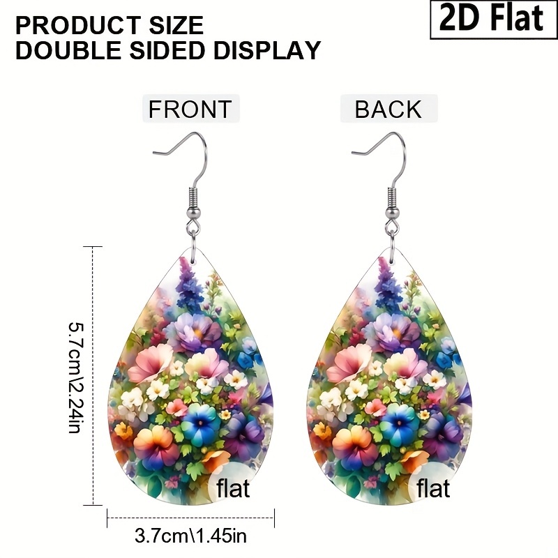 2D Flat Colorful Flower Bouquet Print PU Earrings, Double-Sided