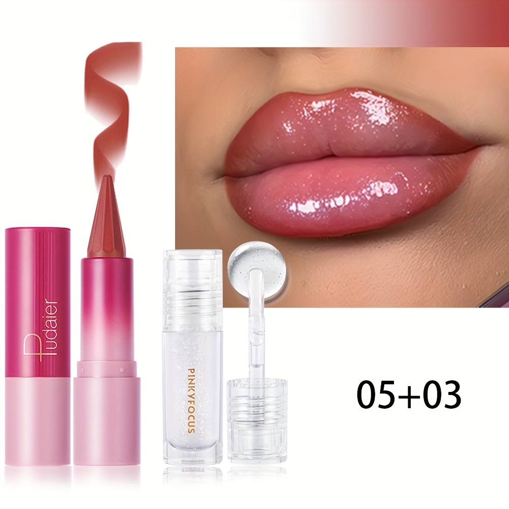 Lip Combo 2pcs Lip Gloss & Lip Liner Set - Long-lasting, Easy To Remove, Easy To Apply, Shiny And Shiny, Suitable For Types.