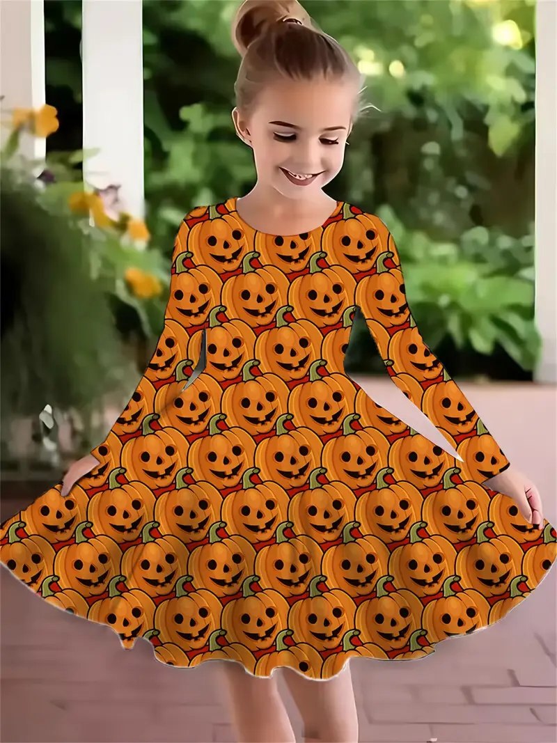Girls' Halloween Dress with 3D Pumpkin Print - Long Sleeve A-Line Knee-Length Casual Dress, Purple & Black Spooky Design for Fall/Winter * Outdoor ... Girls' Halloween Dress with 3D Pumpkin Print - Long Sleeve A-Line Knee-Length Casual Dress, Purple & Black Spooky Design for Fall/Winter * Outdoor ...