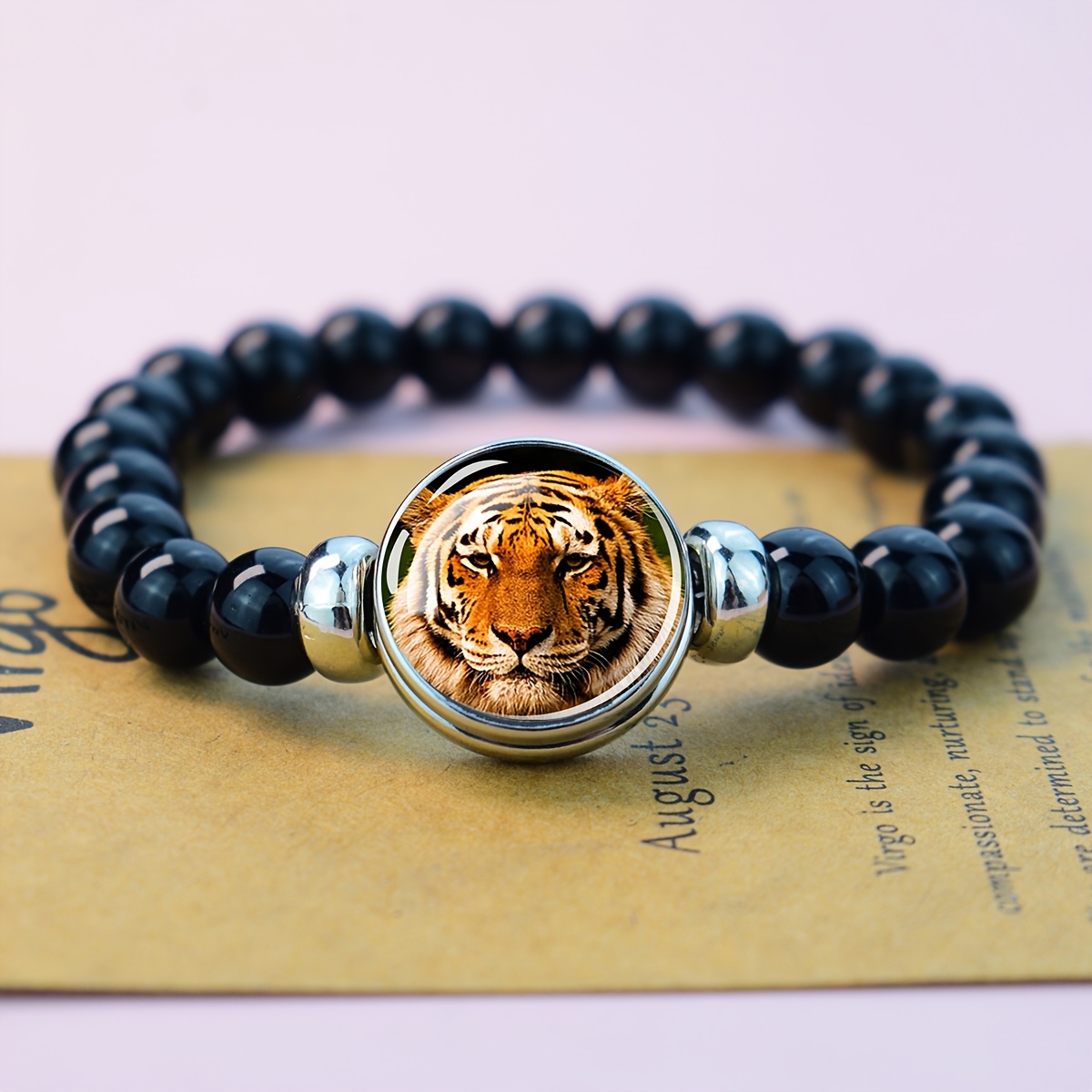 TEMU 1pc Tiger Face Charm Bracelet - Adjustable Tiger Beads & Claws, Minimalist Animal Jewelry Gift Suitable For Daily Wear, Parties, Christmas,