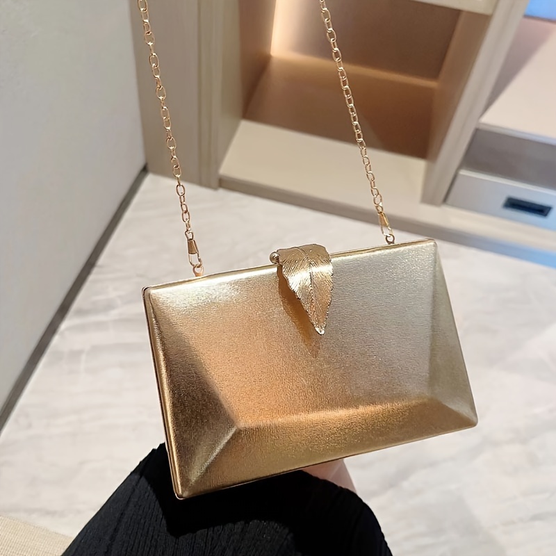 1pc Elegant Golden Evening Clutch Bag with Metal Leaf Buckle, Detachable Chain Strap - Ideal for Weddings, Parties, Prom - Non-Washable, Wedding Purse