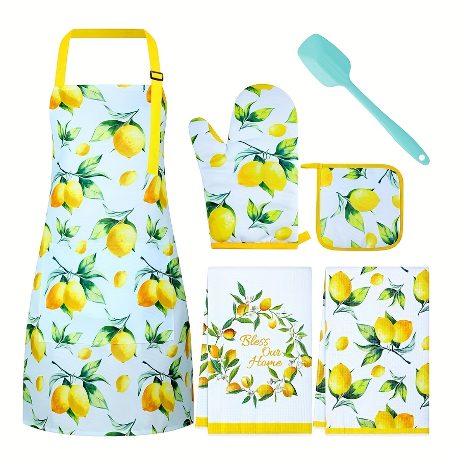TEMU Christmas Halloween Thanksgiving Birthday Thank You Gift, 6pcs Lemon Kitchen Apron Dish Towels Oven Mitts And Pot Holders Sets With Silicone
