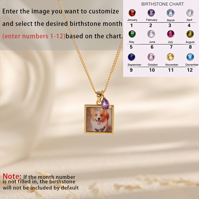 Custom Square Photo Birthstone Necklace — 18K Gold-Plated Gift