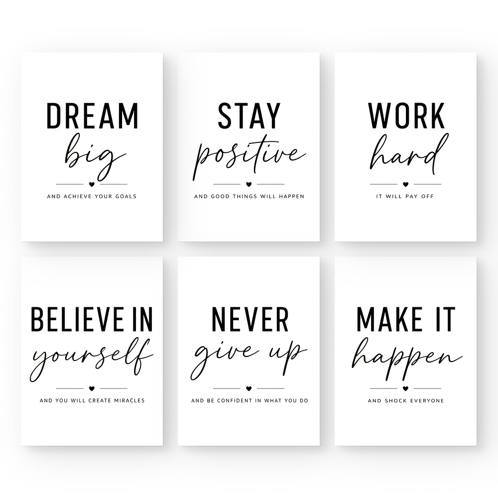 TEMU 2d Flat, 6pcs Minimalist Black & White Motivational Quote Posters - Vertical Suitable For Office Wall Decor, Positive Affirmation Prints With
