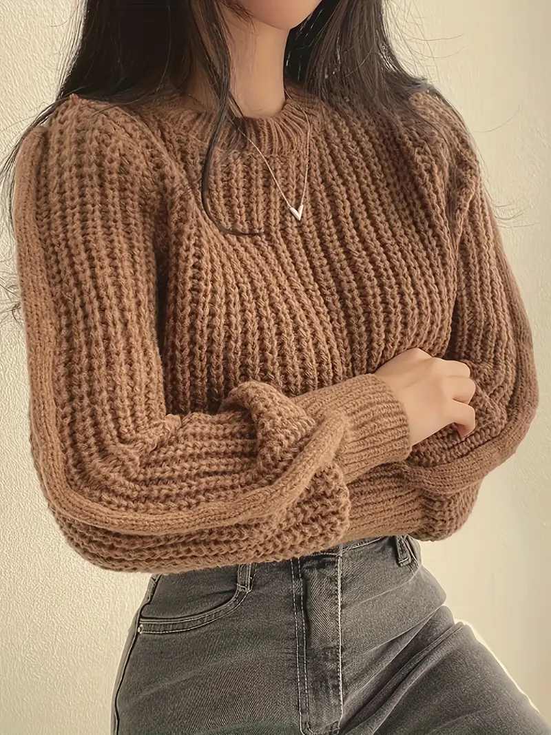 Crew Neck Knitted Crop Sweater Casual Long Sleeve Sweater