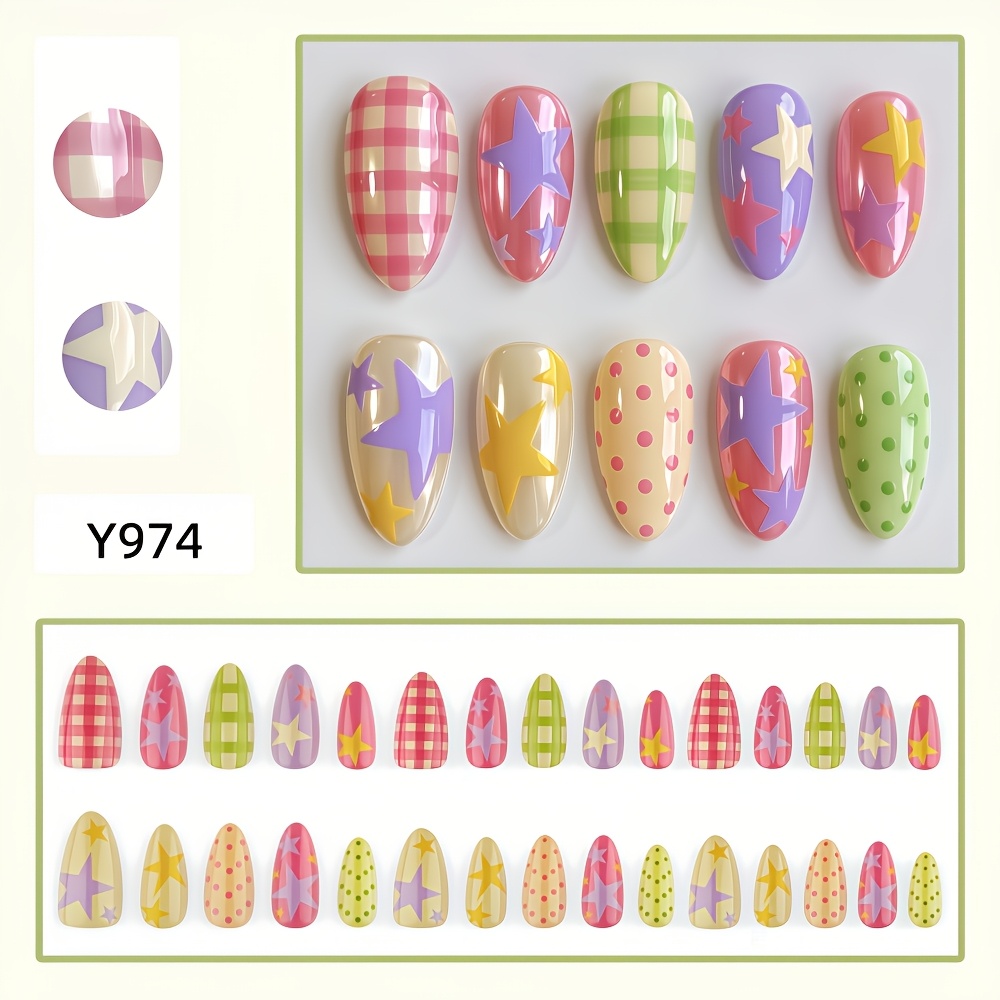 TEMU New Almond-shaped Dopamine-colored Korean-style Fresh Striped Pentagram Polka Dot Nails That Make Look Fair, Dopamine-colored Polka Dot Painted