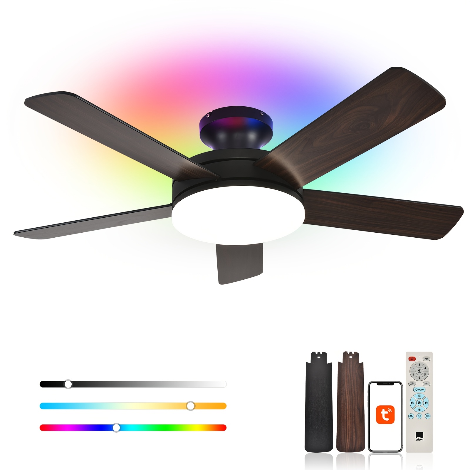 Orison Ceiling Fans Featuring Lights, a 45-Inch Low-Profile Design with Remote And App Control, RGB Backlighting, And Dimmable LED with Three Color Temperatures, Equipped with a Reversible DC Motor, Six Speed Settings
