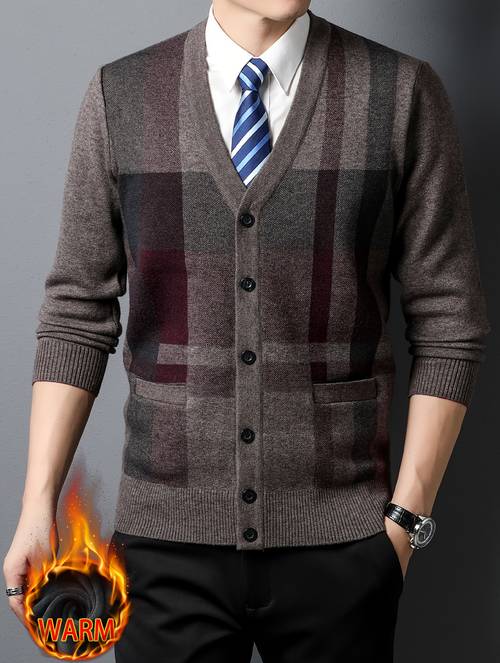 mens winter pullover sweater for autumn and winter thickened and warm v neck contrast color striped open front cardigan mens gift suitable for outdoor travel hiking daily leisure and commuting