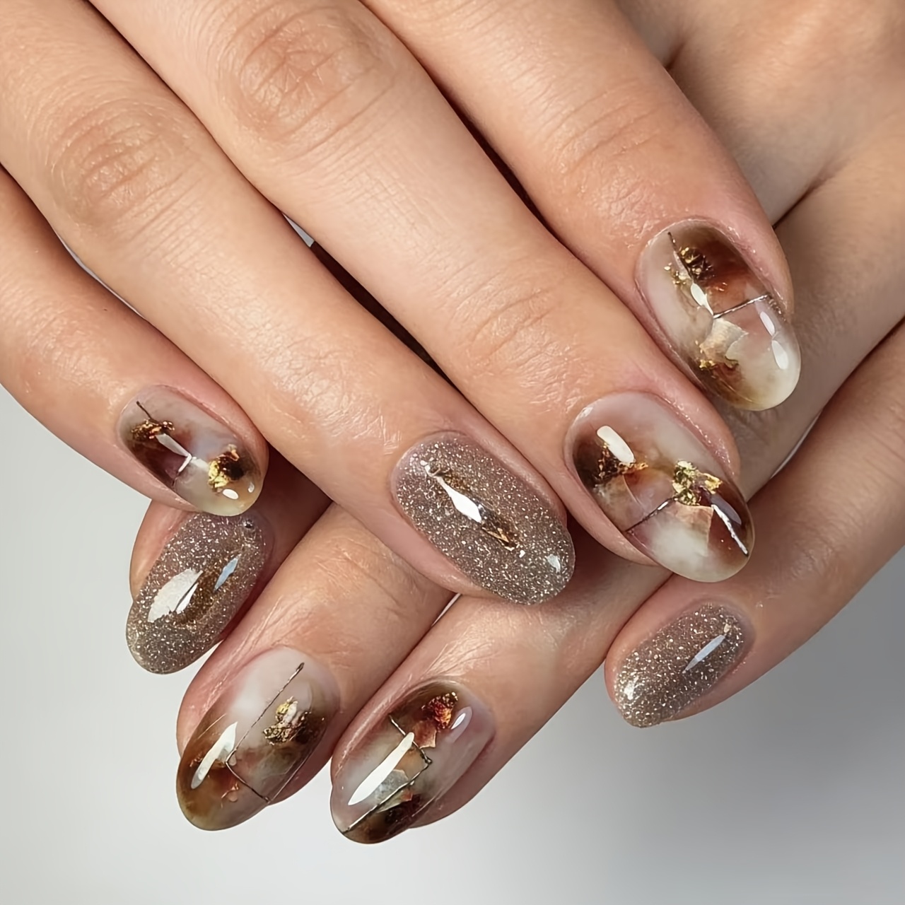 TEMU 24pcs Brown Marble Oval Nails, Fake Nails With & Glitter, Elegant False Nails For Women